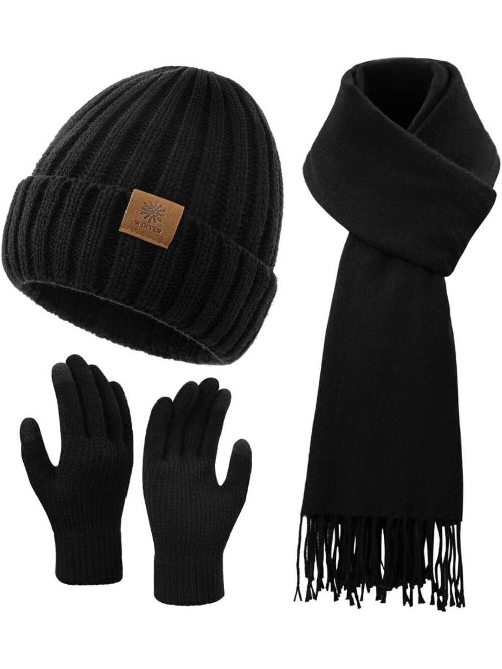 Cozy Winter Beanie, Scarf & Gloves Set for Women - Knit, Touchscreen, Fleece